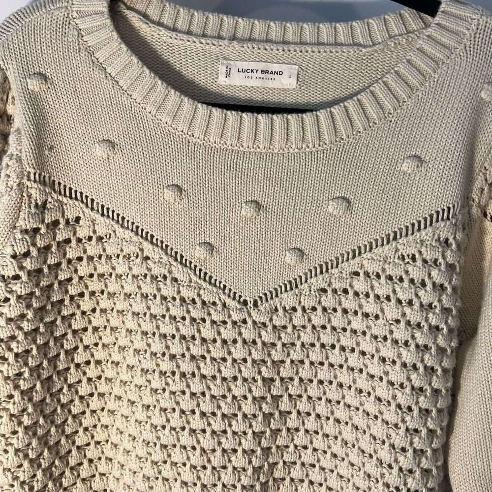 Lucky Brand Women Sweater Size Large Natural Ivory Knitted Textured Cotton Crop - Picture 2 of 11